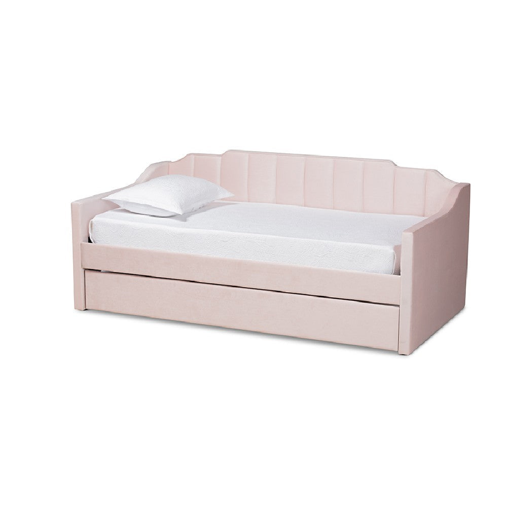 Baxton Studio Lennon Modern and Contemporary Pink Velvet Fabric Upholstered Twin Size Daybed with Trundle