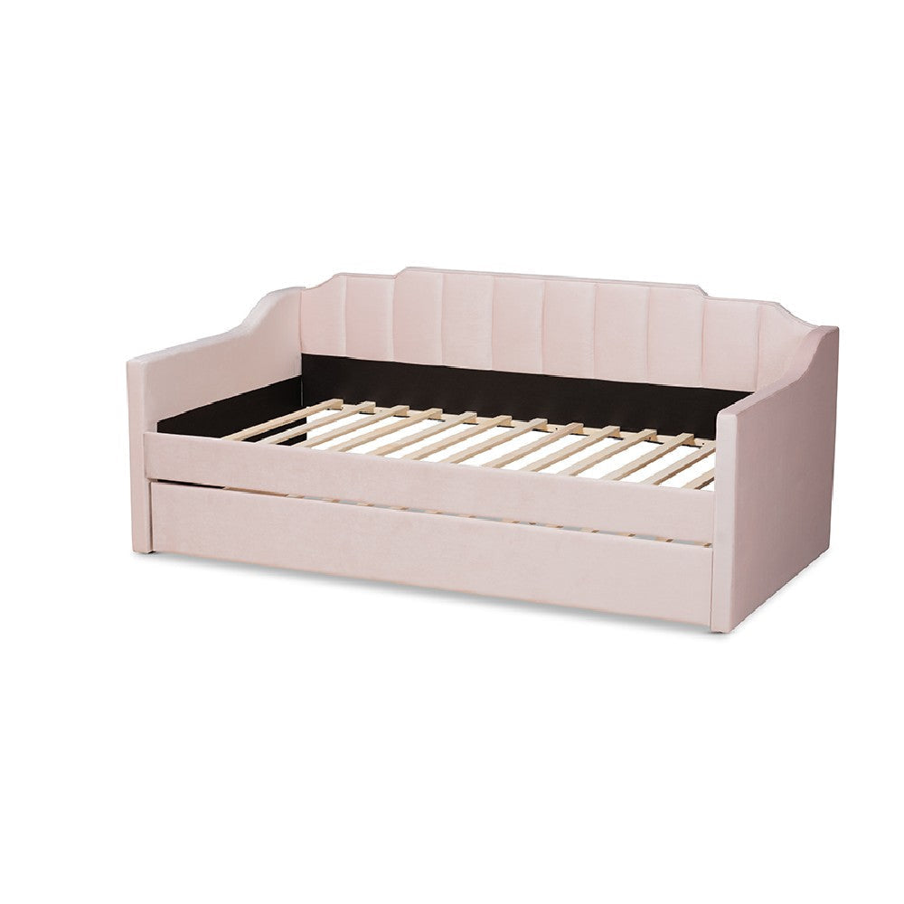 Baxton Studio Lennon Modern and Contemporary Pink Velvet Fabric Upholstered Twin Size Daybed with Trundle