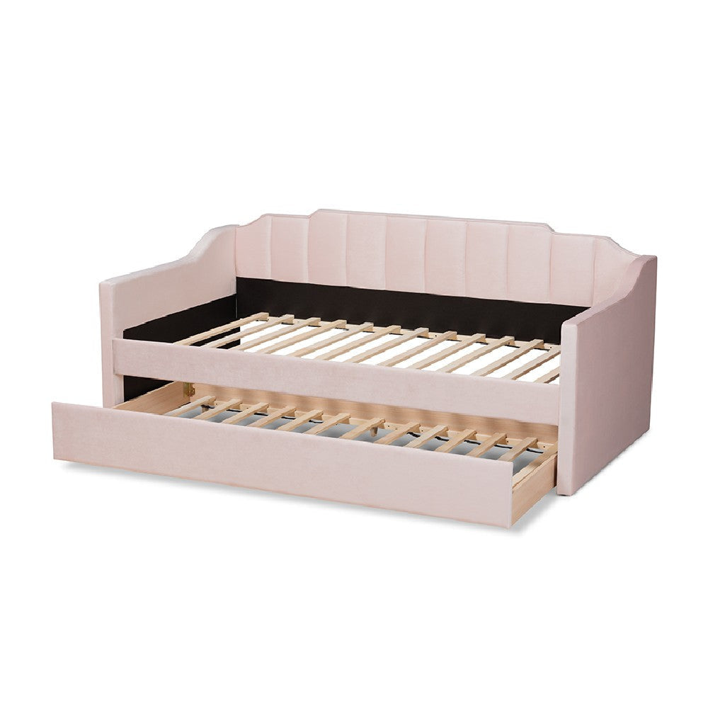 Baxton Studio Lennon Modern and Contemporary Pink Velvet Fabric Upholstered Twin Size Daybed with Trundle