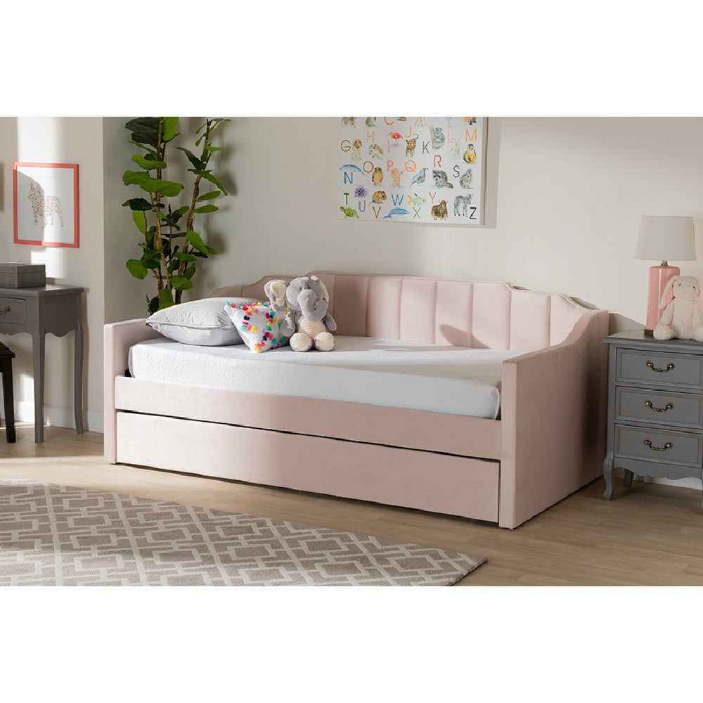 Baxton Studio Lennon Modern and Contemporary Pink Velvet Fabric Upholstered Twin Size Daybed with Trundle