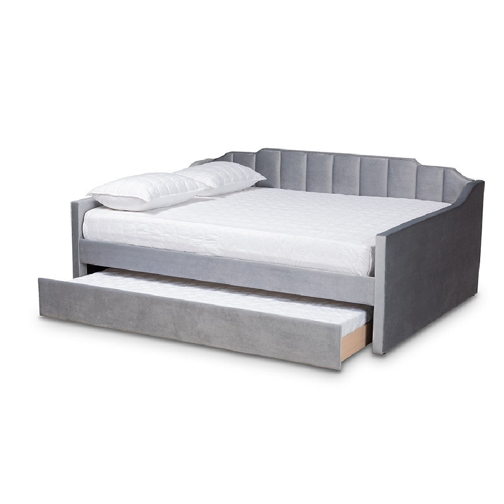 Baxton Studio Lennon Modern and Contemporary Grey Velvet Fabric Upholstered Full Size Daybed with Trundle