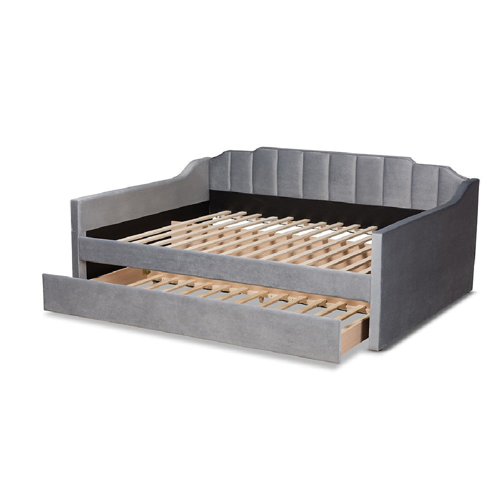 Baxton Studio Lennon Modern and Contemporary Grey Velvet Fabric Upholstered Full Size Daybed with Trundle