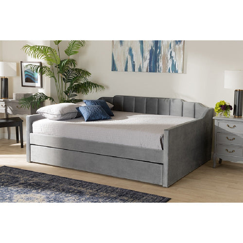 Baxton Studio Lennon Modern and Contemporary Grey Velvet Fabric Upholstered Full Size Daybed with Trundle