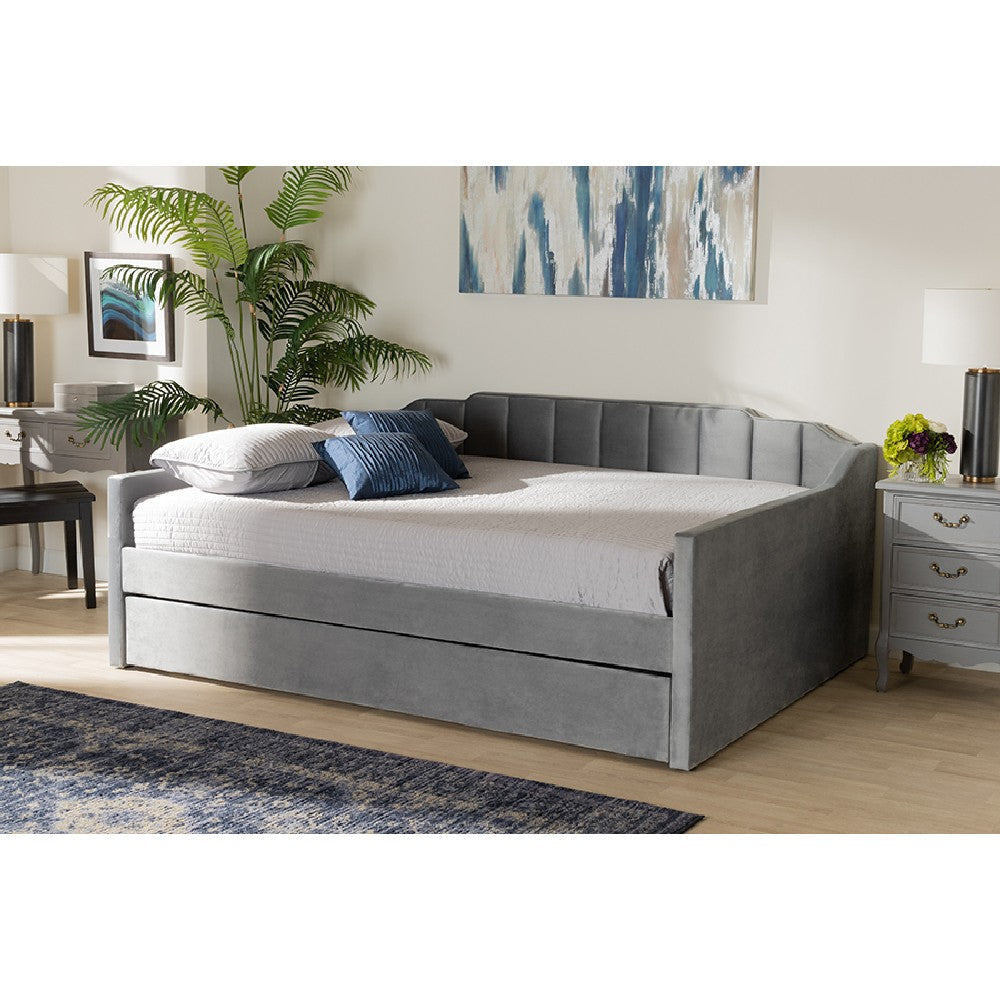 Baxton Studio Lennon Modern and Contemporary Grey Velvet Fabric Upholstered Full Size Daybed with Trundle