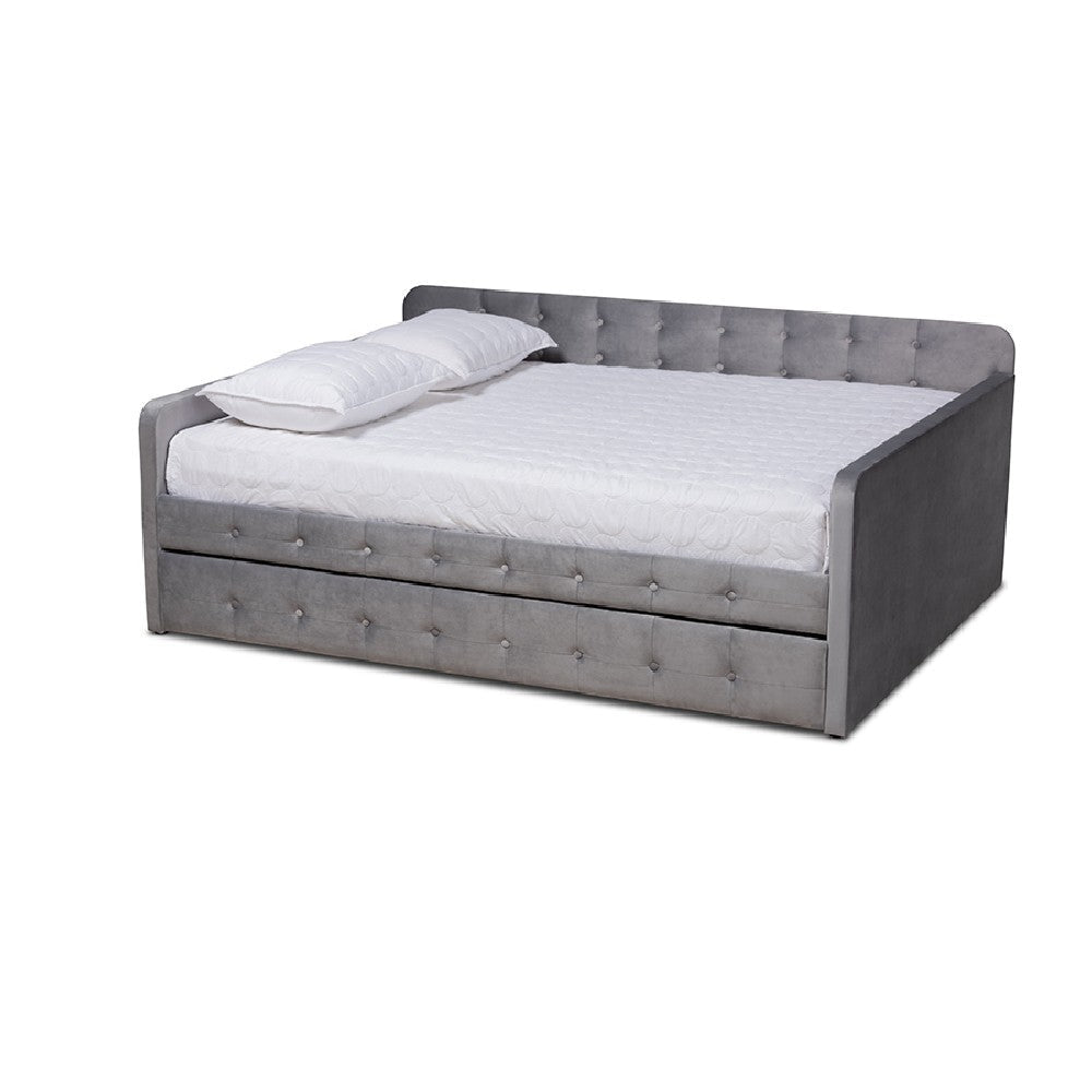 Baxton Studio Jona Modern and Contemporary Transitional Grey Velvet Fabric Upholstered and Button Tufted Full Size Daybed with Trundle
