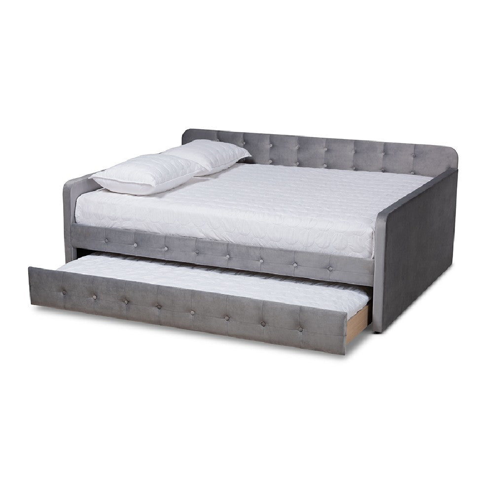 Baxton Studio Jona Modern and Contemporary Transitional Grey Velvet Fabric Upholstered and Button Tufted Full Size Daybed with Trundle