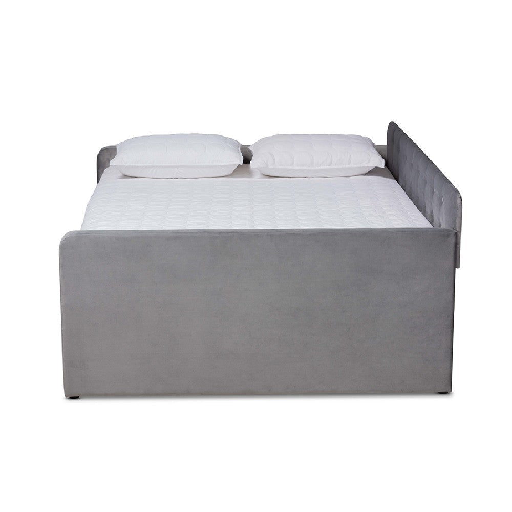 Baxton Studio Jona Modern and Contemporary Transitional Grey Velvet Fabric Upholstered and Button Tufted Full Size Daybed with Trundle