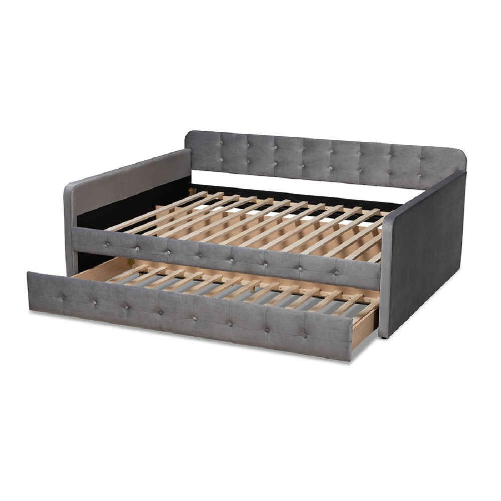 Baxton Studio Jona Modern and Contemporary Transitional Grey Velvet Fabric Upholstered and Button Tufted Full Size Daybed with Trundle