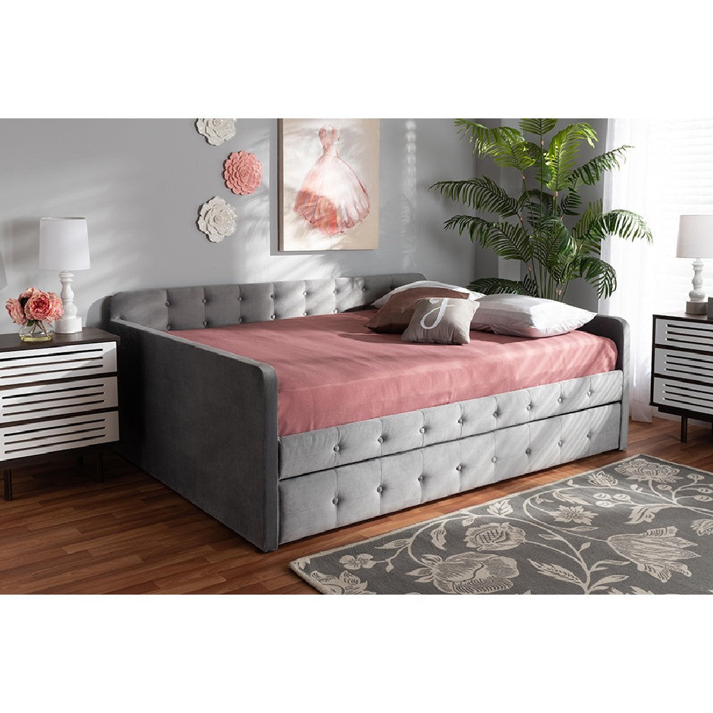 Baxton Studio Jona Modern and Contemporary Transitional Grey Velvet Fabric Upholstered and Button Tufted Full Size Daybed with Trundle
