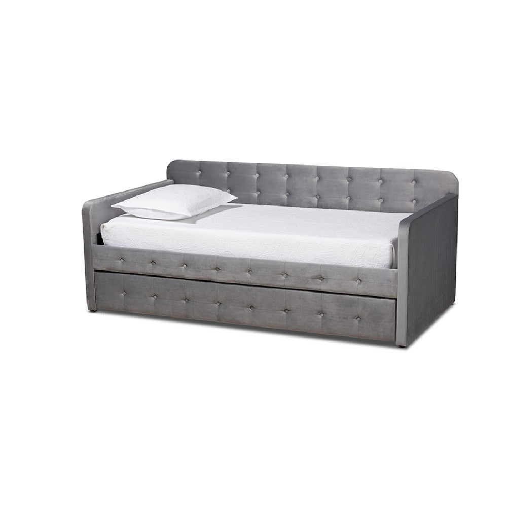 Baxton Studio Jona Modern and Contemporary Transitional Grey Velvet Fabric Upholstered and Button Tufted Twin Size Daybed with Trundle