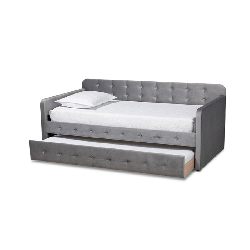 Baxton Studio Jona Modern and Contemporary Transitional Grey Velvet Fabric Upholstered and Button Tufted Twin Size Daybed with Trundle