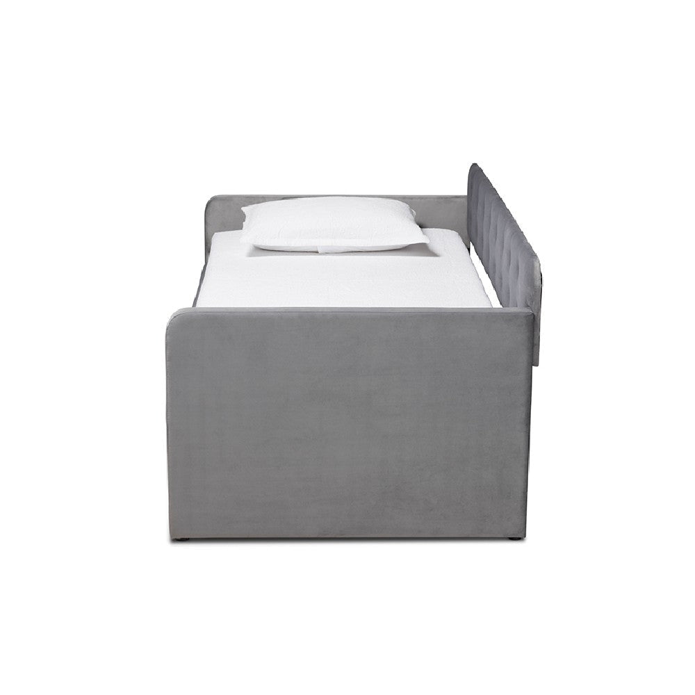 Baxton Studio Jona Modern and Contemporary Transitional Grey Velvet Fabric Upholstered and Button Tufted Twin Size Daybed with Trundle