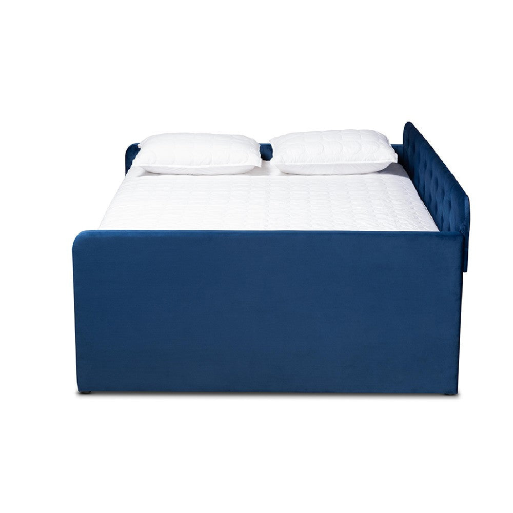 Baxton Studio Jona Modern and Contemporary Transitional Navy Blue Velvet Fabric Upholstered and Button Tufted Full Size Daybed with Trundle