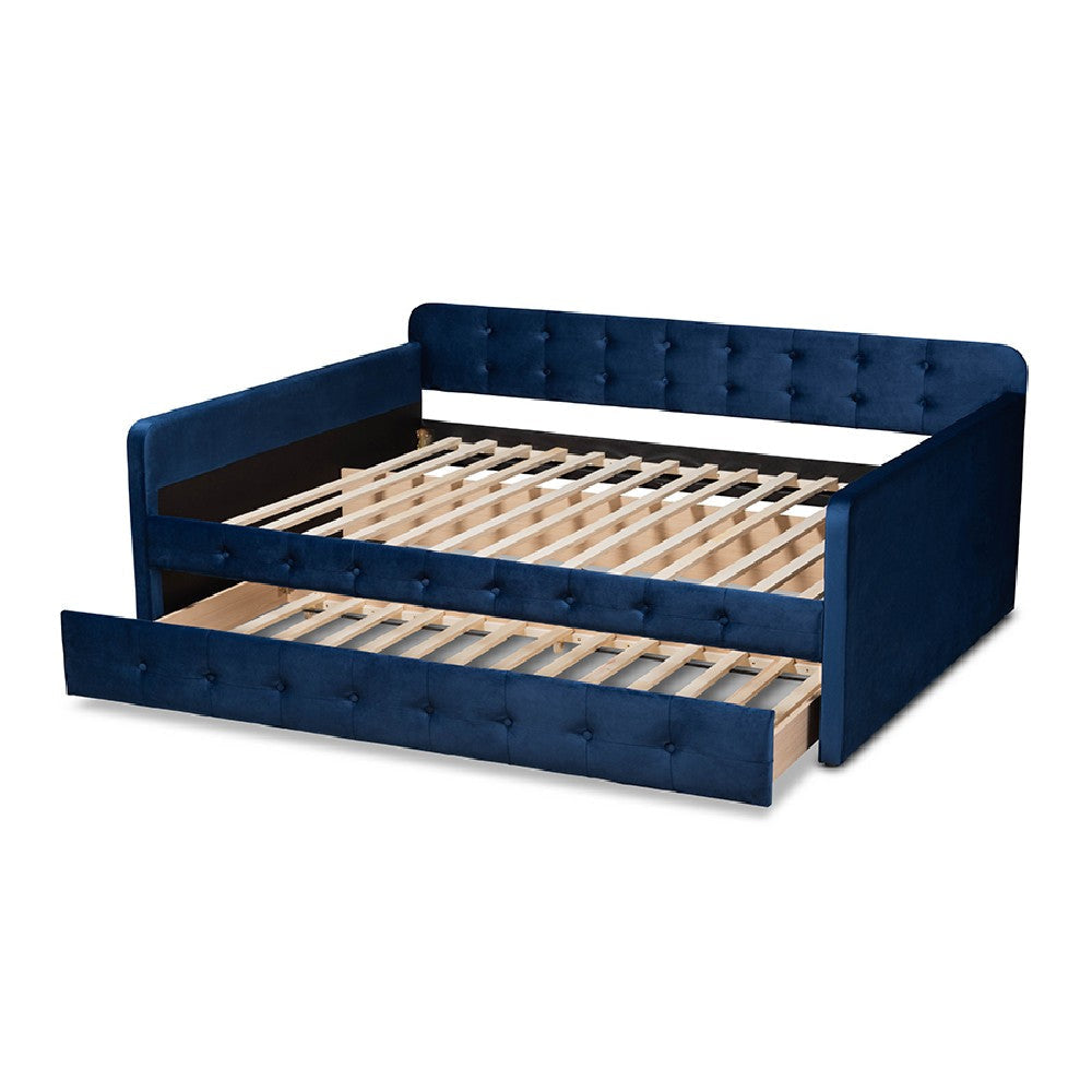 Baxton Studio Jona Modern and Contemporary Transitional Navy Blue Velvet Fabric Upholstered and Button Tufted Full Size Daybed with Trundle