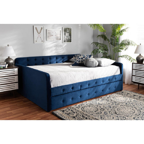 Baxton Studio Jona Modern and Contemporary Transitional Navy Blue Velvet Fabric Upholstered and Button Tufted Full Size Daybed with Trundle