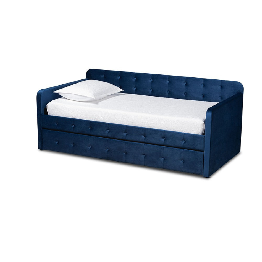 Baxton Studio Jona Modern and Contemporary Transitional Navy Blue Velvet Fabric Upholstered and Button Tufted Twin Size Daybed with Trundle