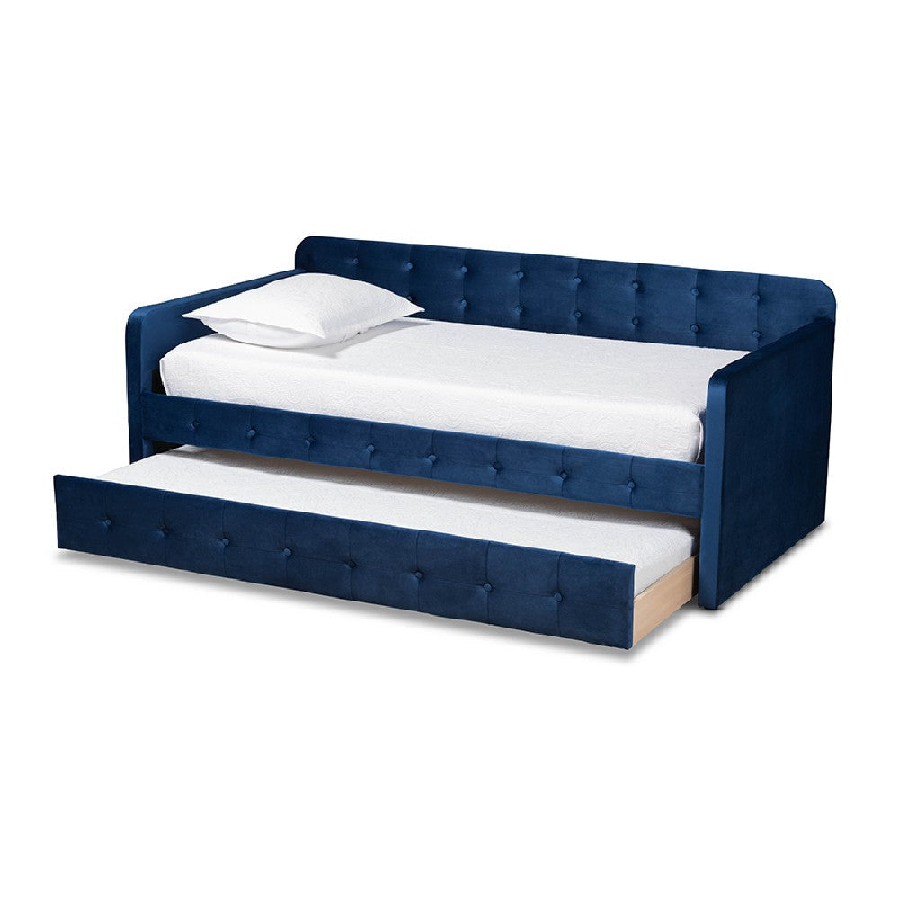 Baxton Studio Jona Modern and Contemporary Transitional Navy Blue Velvet Fabric Upholstered and Button Tufted Twin Size Daybed with Trundle
