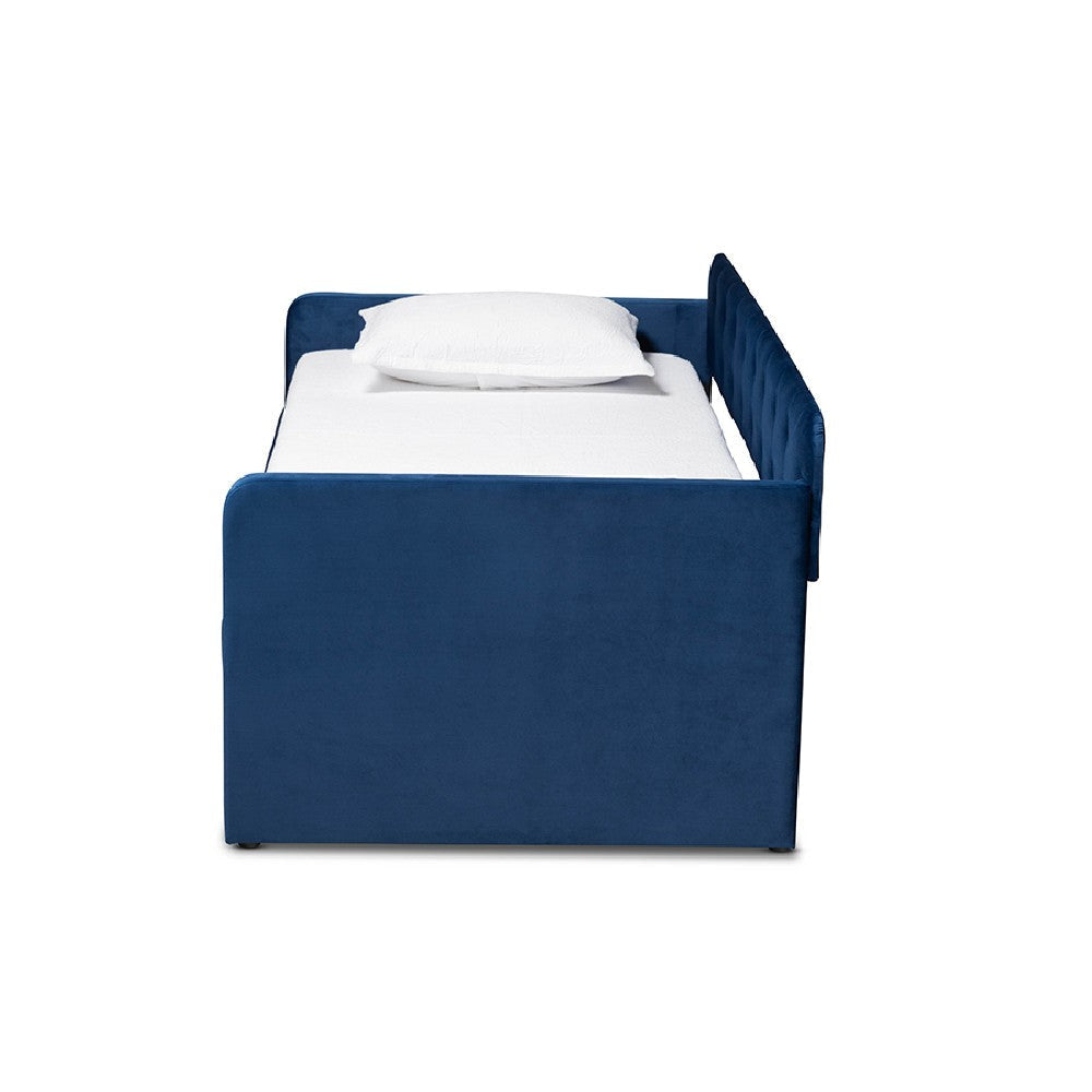Baxton Studio Jona Modern and Contemporary Transitional Navy Blue Velvet Fabric Upholstered and Button Tufted Twin Size Daybed with Trundle