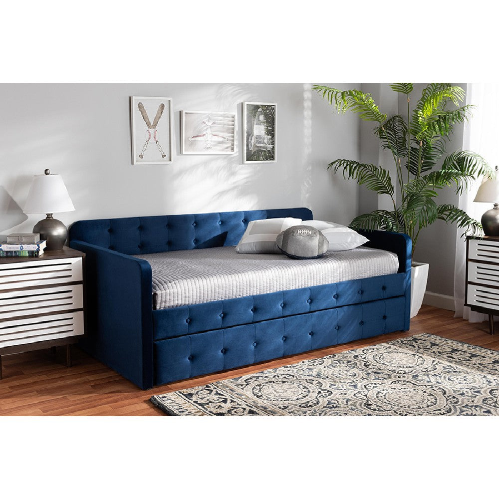 Baxton Studio Jona Modern and Contemporary Transitional Navy Blue Velvet Fabric Upholstered and Button Tufted Twin Size Daybed with Trundle
