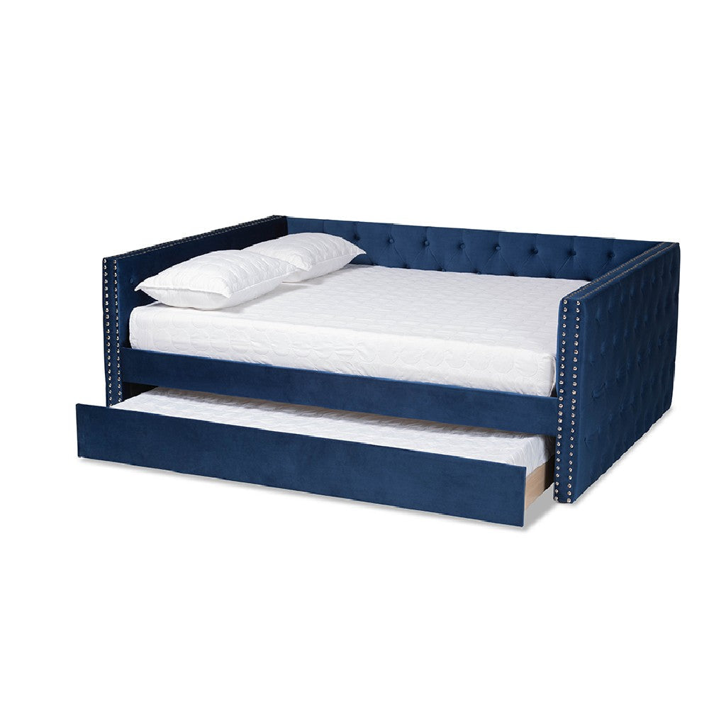 Baxton Studio Larkin Modern and Contemporary Navy Blue Velvet Fabric Upholstered Full Size Daybed with Trundle