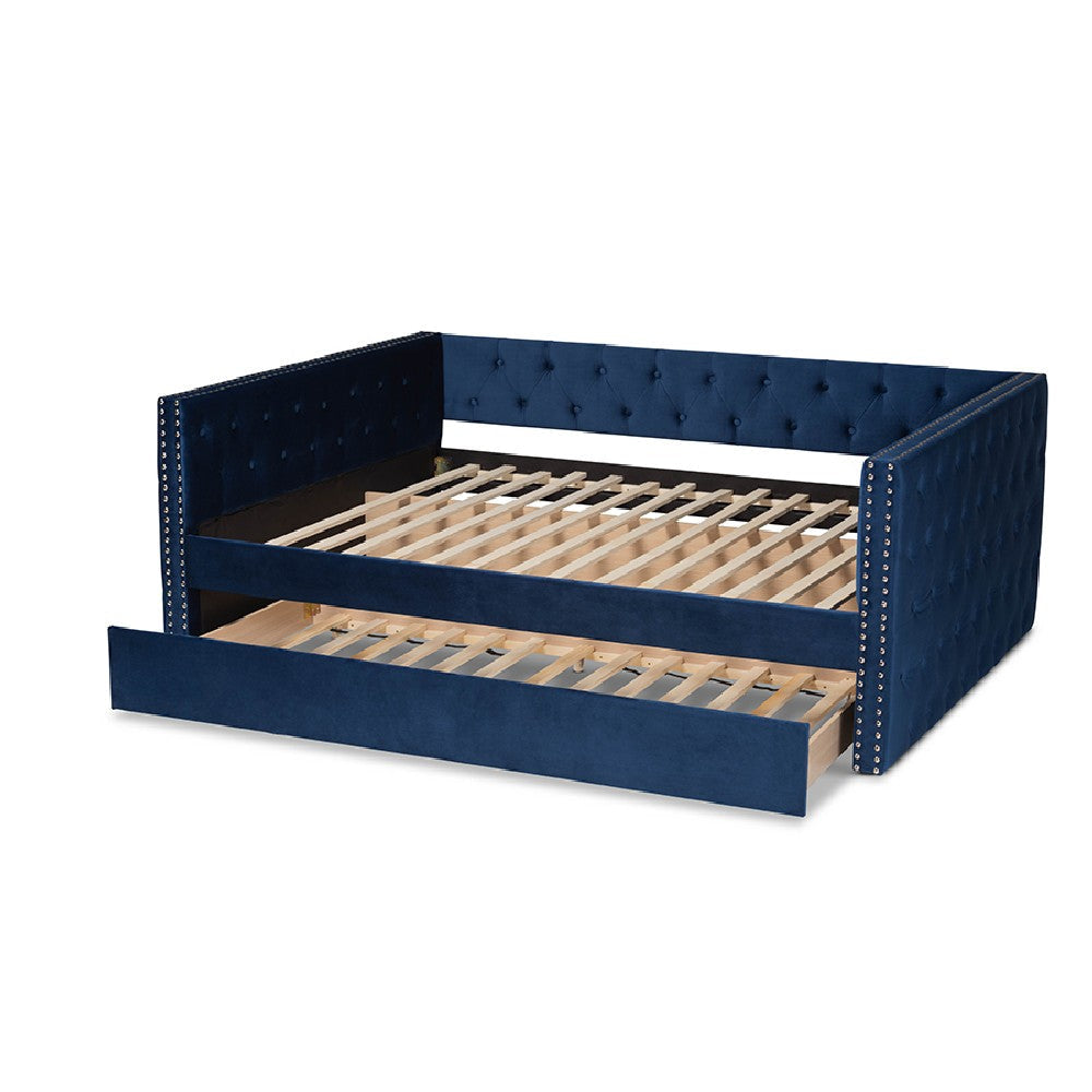 Baxton Studio Larkin Modern and Contemporary Navy Blue Velvet Fabric Upholstered Full Size Daybed with Trundle