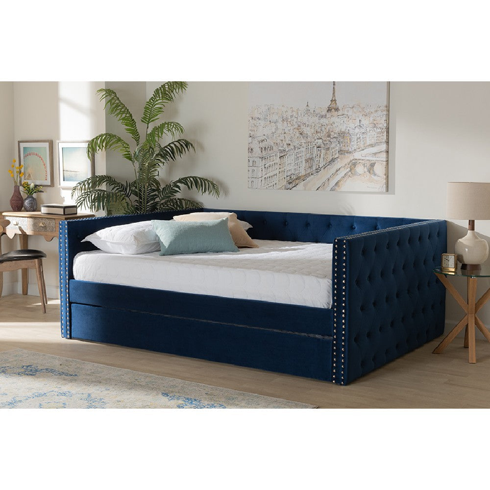 Baxton Studio Larkin Modern and Contemporary Navy Blue Velvet Fabric Upholstered Full Size Daybed with Trundle