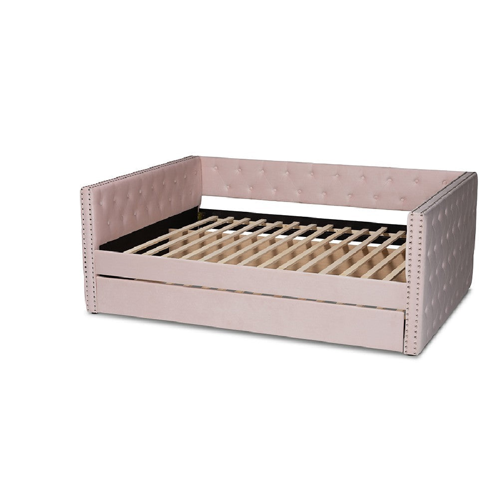 Baxton Studio Larkin Modern and Contemporary Pink Velvet Fabric Upholstered Full Size Daybed with Trundle