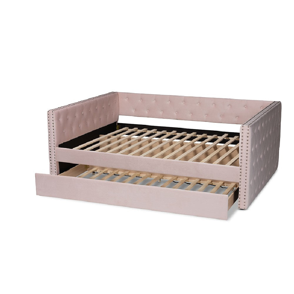 Baxton Studio Larkin Modern and Contemporary Pink Velvet Fabric Upholstered Full Size Daybed with Trundle