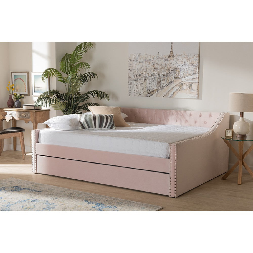 Baxton Studio Raphael Modern and Contemporary Pink Velvet Fabric Upholstered Full Size Daybed with Trundle WHI-CF9228-Pink-Velvet-Daybed-F-T