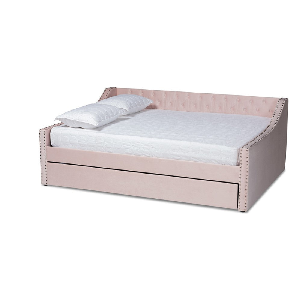 Baxton Studio Raphael Modern and Contemporary Pink Velvet Fabric Upholstered Full Size Daybed with Trundle WHI-CF9228-Pink-Velvet-Daybed-F-T