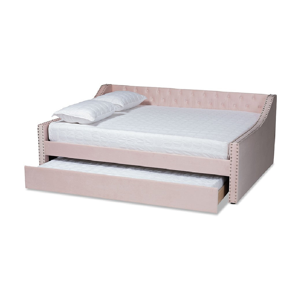 Baxton Studio Raphael Modern and Contemporary Pink Velvet Fabric Upholstered Full Size Daybed with Trundle WHI-CF9228-Pink-Velvet-Daybed-F-T