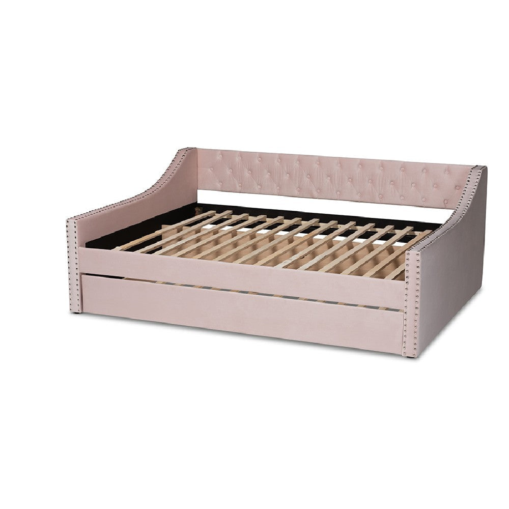 Baxton Studio Raphael Modern and Contemporary Pink Velvet Fabric Upholstered Full Size Daybed with Trundle WHI-CF9228-Pink-Velvet-Daybed-F-T