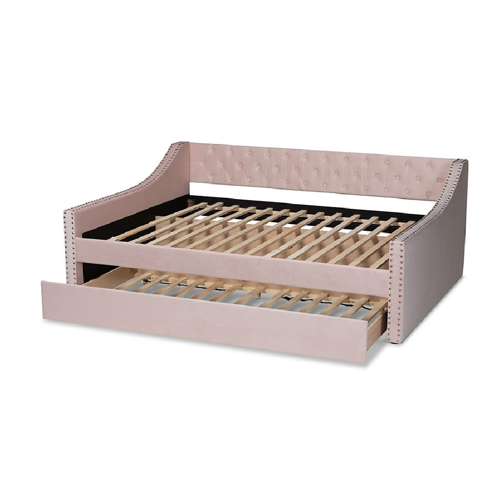 Baxton Studio Raphael Modern and Contemporary Pink Velvet Fabric Upholstered Full Size Daybed with Trundle WHI-CF9228-Pink-Velvet-Daybed-F-T