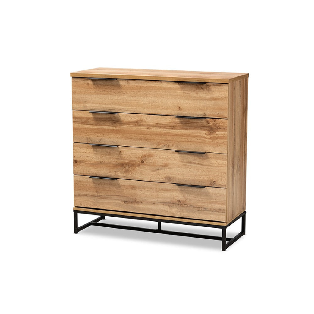 Baxton Studio Reid Modern and Contemporary Industrial Oak Finished Wood and Black Metal 4-Drawer Dresser WHI-CH8000-Oak-Black-4DW-Dresser