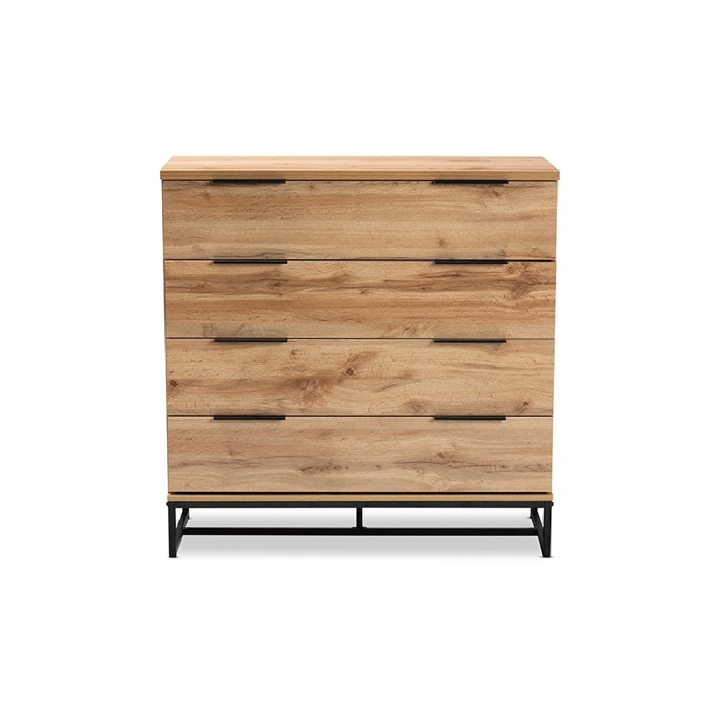 Baxton Studio Reid Modern and Contemporary Industrial Oak Finished Wood and Black Metal 4-Drawer Dresser WHI-CH8000-Oak-Black-4DW-Dresser