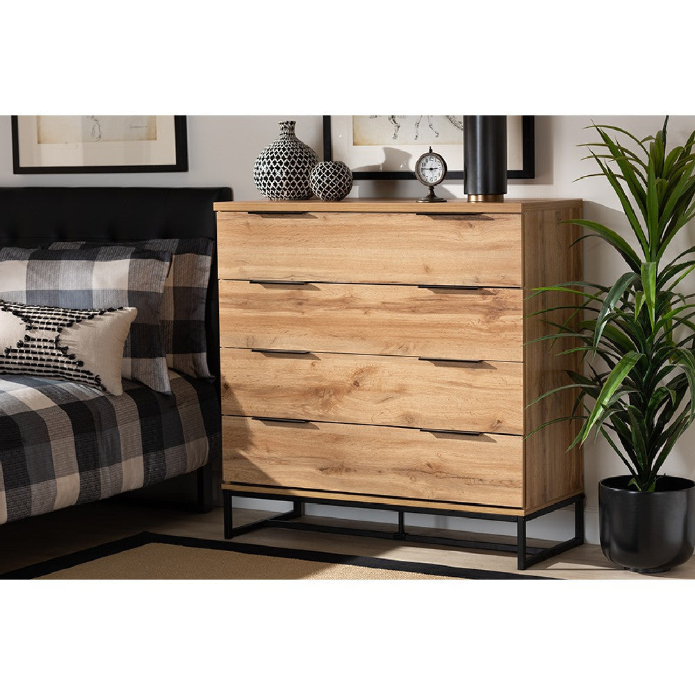 Baxton Studio Reid Modern and Contemporary Industrial Oak Finished Wood and Black Metal 4-Drawer Dresser WHI-CH8000-Oak-Black-4DW-Dresser