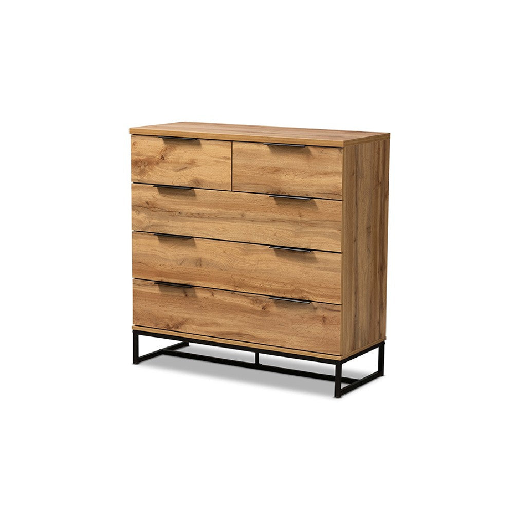 Baxton Studio Franklin Modern and Contemporary Oak Finished Wood and Black Finished Metal 5-Drawer Bedroom Chest WHI-CH8002-Oak-5DW-Chest