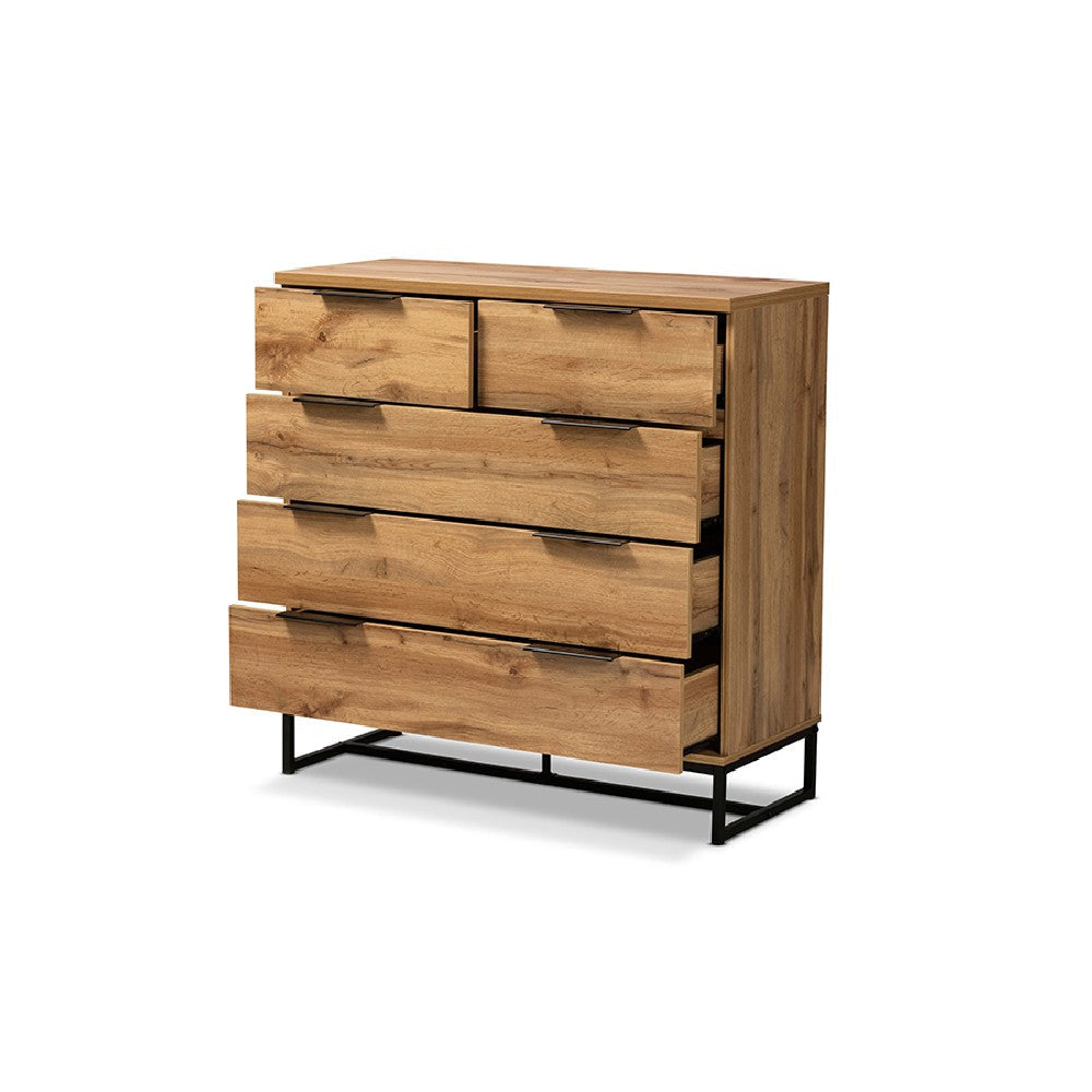 Baxton Studio Franklin Modern and Contemporary Oak Finished Wood and Black Finished Metal 5-Drawer Bedroom Chest WHI-CH8002-Oak-5DW-Chest