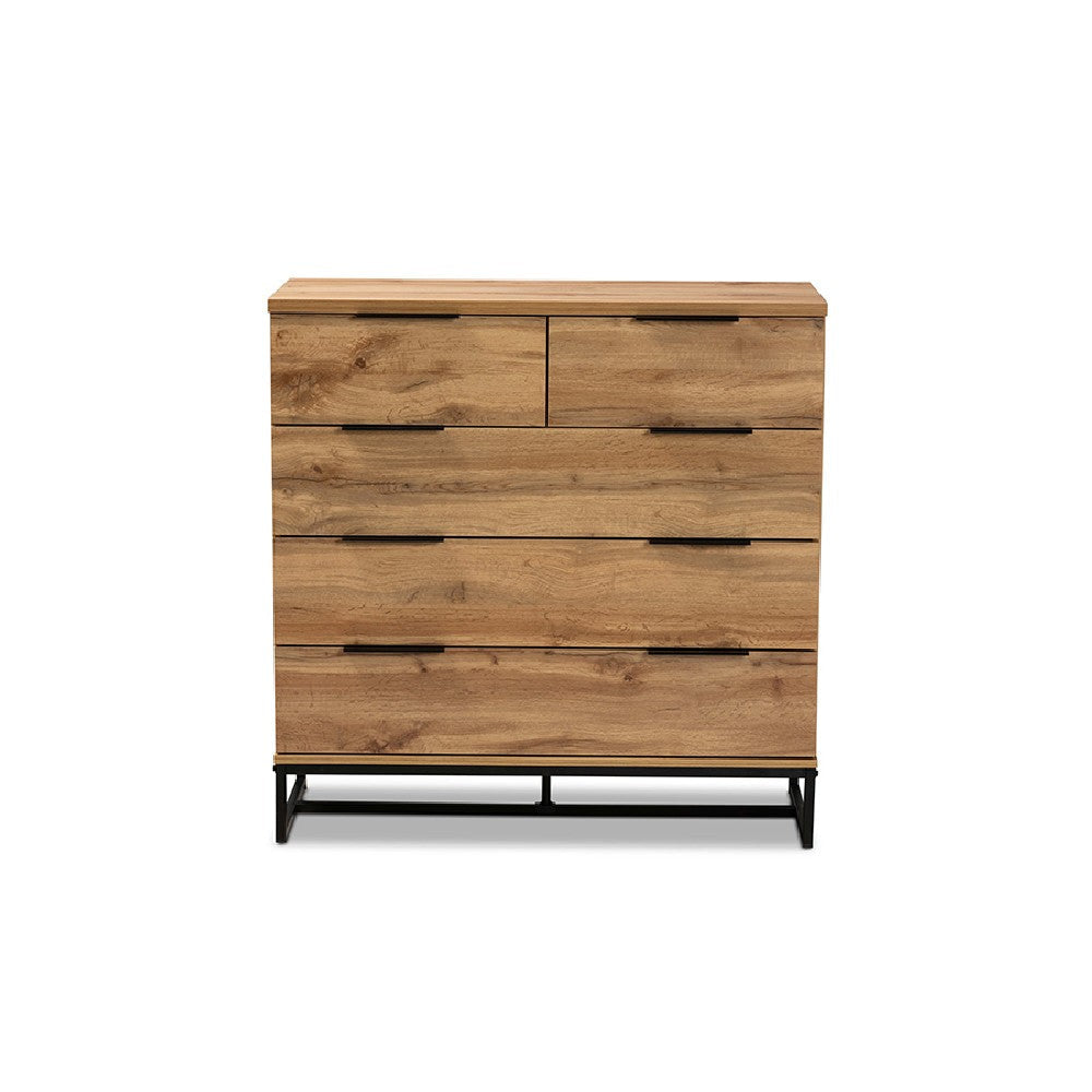 Baxton Studio Franklin Modern and Contemporary Oak Finished Wood and Black Finished Metal 5-Drawer Bedroom Chest WHI-CH8002-Oak-5DW-Chest