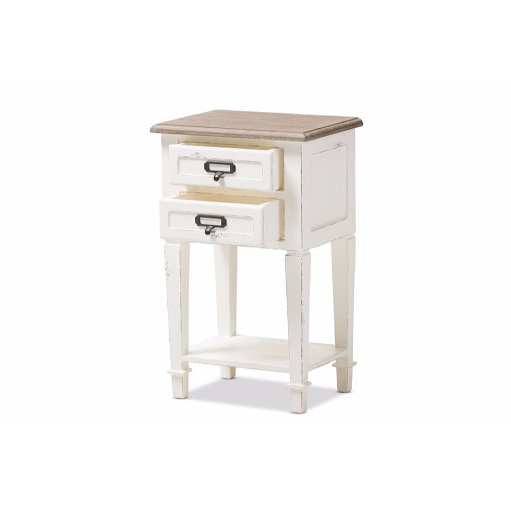 Baxton Studio Dauphine Provincial Style Weathered Oak and White Wash Distressed Finish Wood Nightstand WHI-CHR20VM-M-B-C
