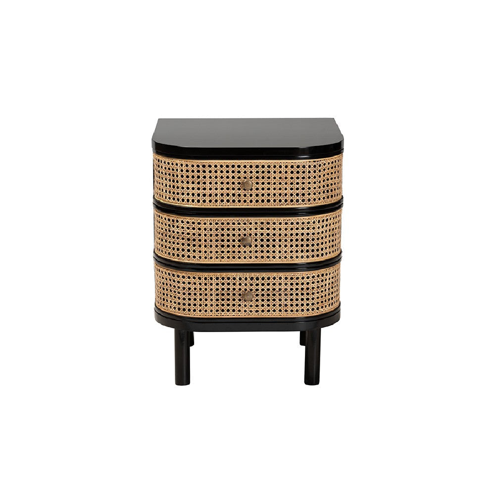 bali & pari Nabila Modern Bohemian Black Bayur Wood and Natural Rattan 3-Drawer End Table Nightstand WHI-CMO4-End-Table