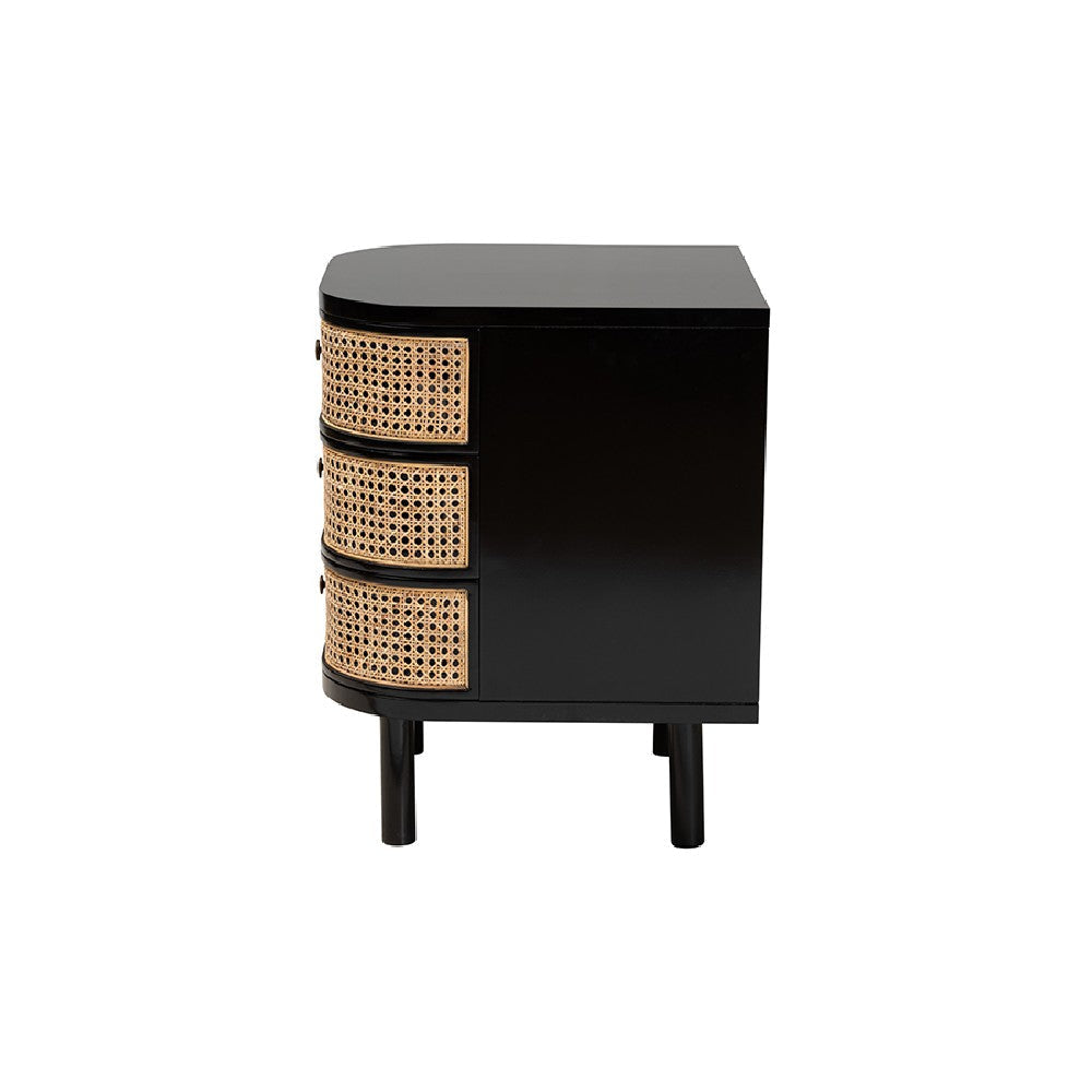 bali & pari Nabila Modern Bohemian Black Bayur Wood and Natural Rattan 3-Drawer End Table Nightstand WHI-CMO4-End-Table