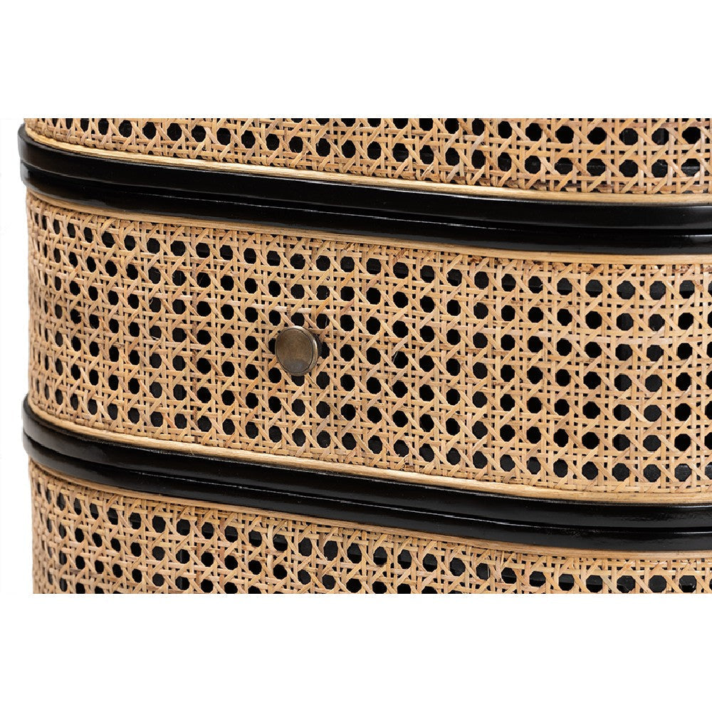 bali & pari Nabila Modern Bohemian Black Bayur Wood and Natural Rattan 3-Drawer End Table Nightstand WHI-CMO4-End-Table