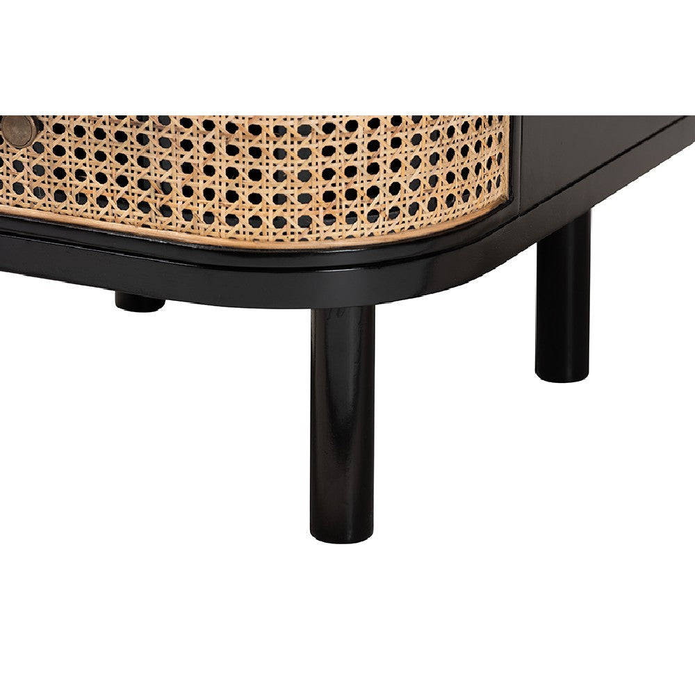 bali & pari Nabila Modern Bohemian Black Bayur Wood and Natural Rattan 3-Drawer End Table Nightstand WHI-CMO4-End-Table