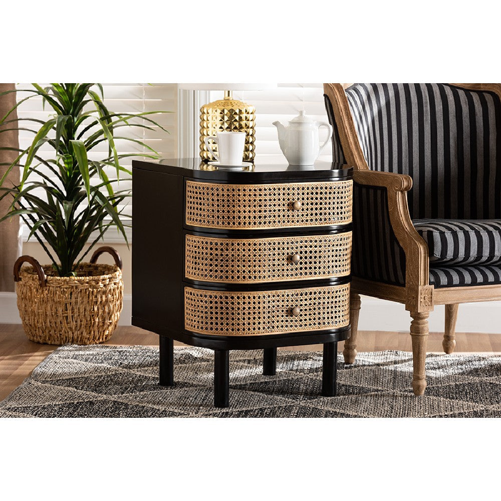bali & pari Nabila Modern Bohemian Black Bayur Wood and Natural Rattan 3-Drawer End Table Nightstand WHI-CMO4-End-Table