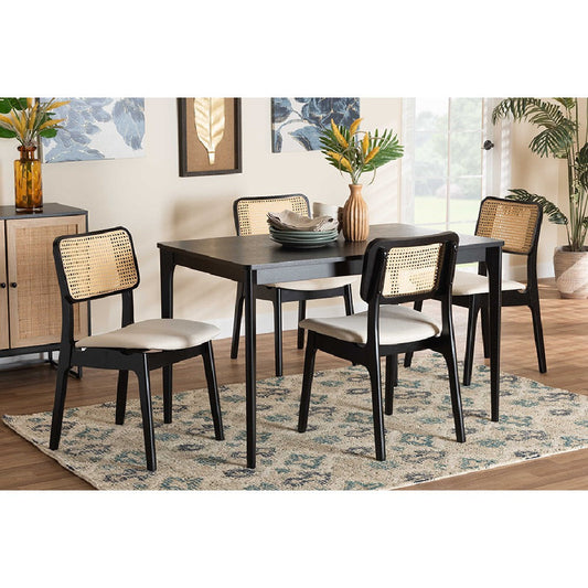 Baxton Studio Dannon Mid-Century Modern Cream Fabric and Black Finished Wood 5-Piece Dining Set