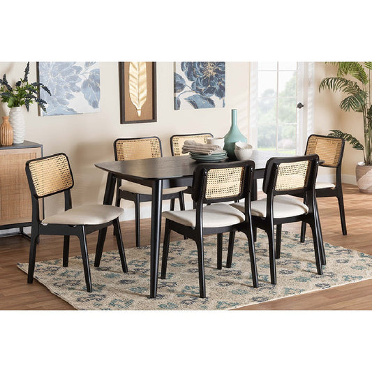 Baxton Studio Dannon Mid-Century Modern Cream Fabric and Black Finished Wood 7-Piece Dining Set