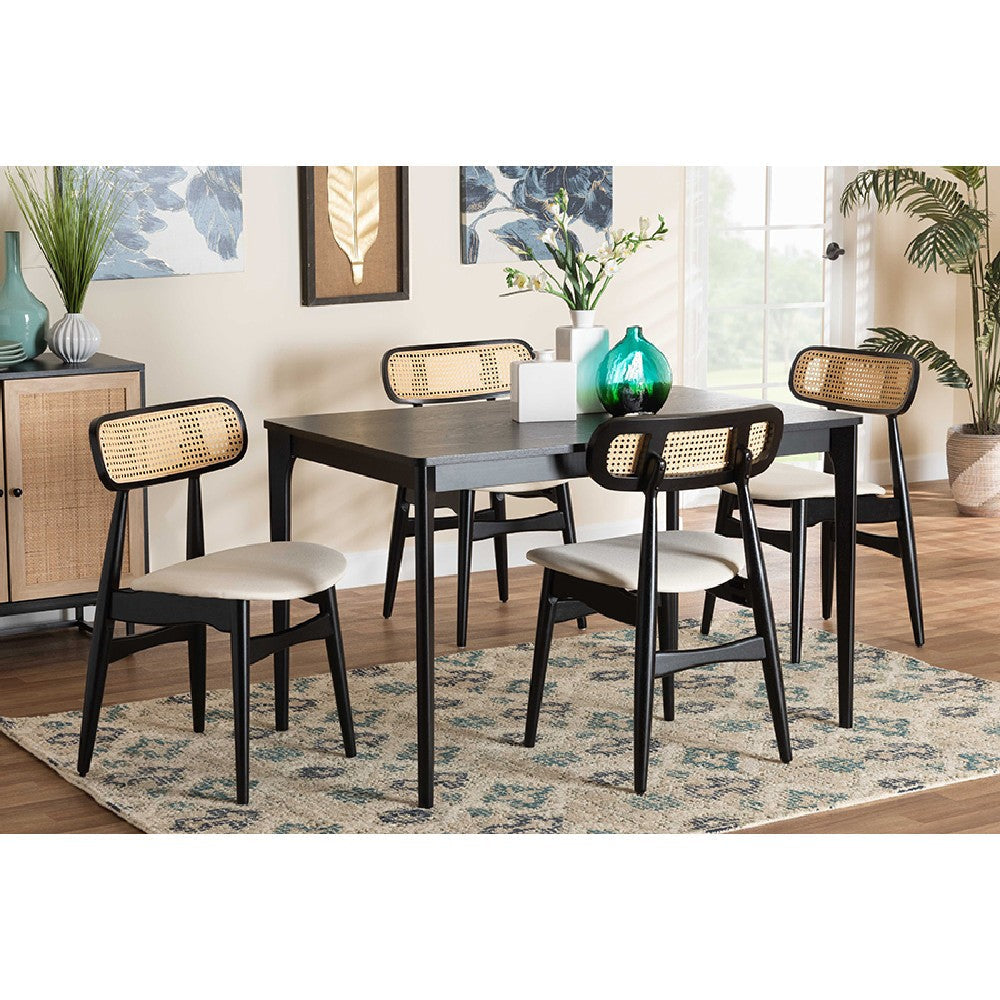 Baxton Studio Tarana Mid-Century Modern Cream Fabric and Black Finished Wood 5-Piece Dining Set
