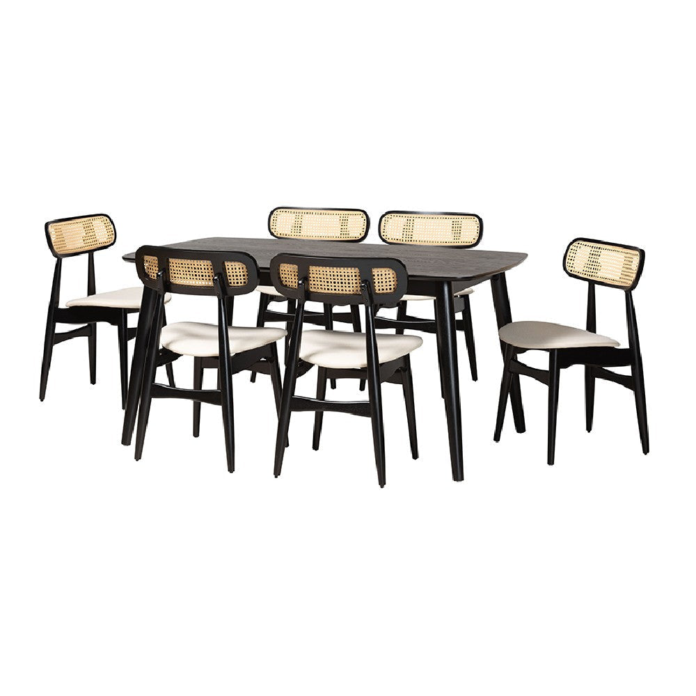 Baxton Studio Tarana Mid-Century Modern Cream Fabric and Black Finished Wood 7-Piece Dining Set WHI-CS002C-Black-Cream-7PC-Dining-Set