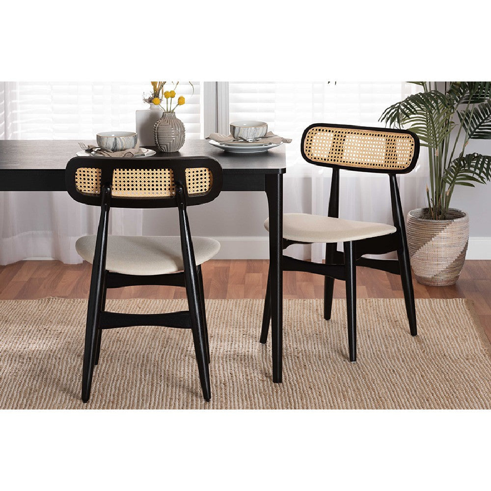 Baxton Studio Tarana Mid-Century Modern Cream Fabric and Black Finished Wood 2-Piece Dining Chair Set WHI-CS002C-Black-Cream-DC-2PK